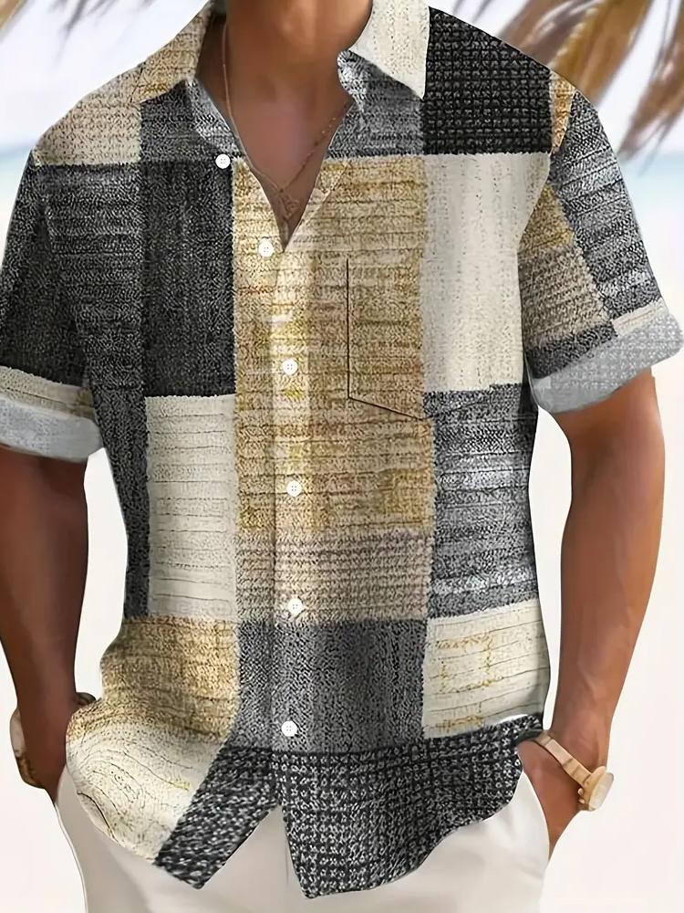 Мужская рубашка с коротким рукавом из винтажного геометрического коврового твила с 3D-цифровым принтом и карманом на пуговицах, 100% полиэстер, летняя повседневная