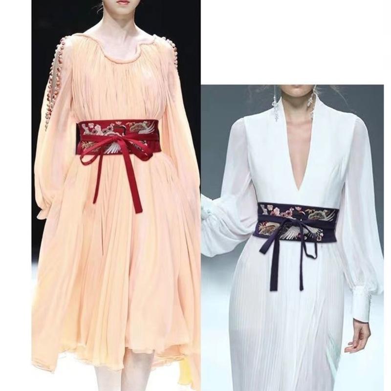 Chinese Hanfu Belt Wide Tie Belt with Chinese Embroidery Crane Crafts