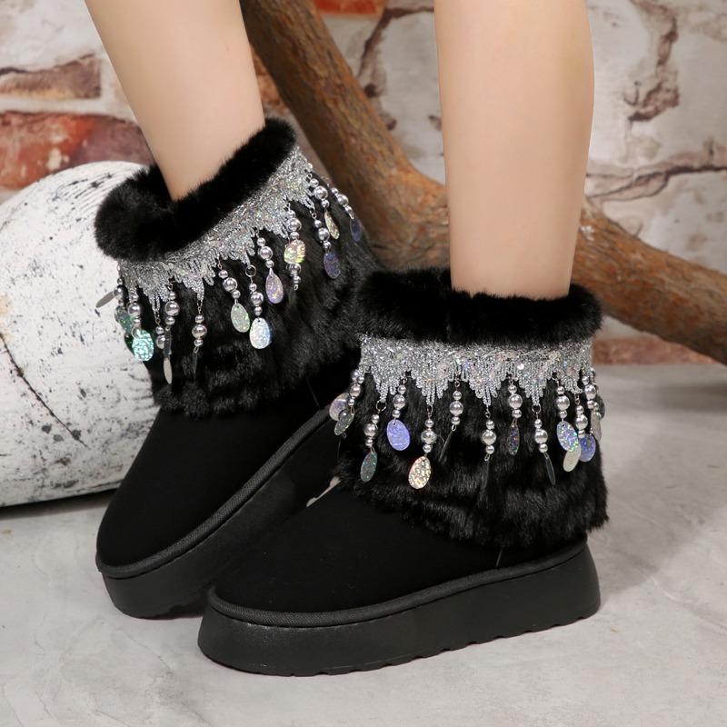 Foreign Trade Comfortable Thick-soled Short Cotton Shoes Women's Autumn and Winter New Tassel Beaded Velvet Warm Snow Boots