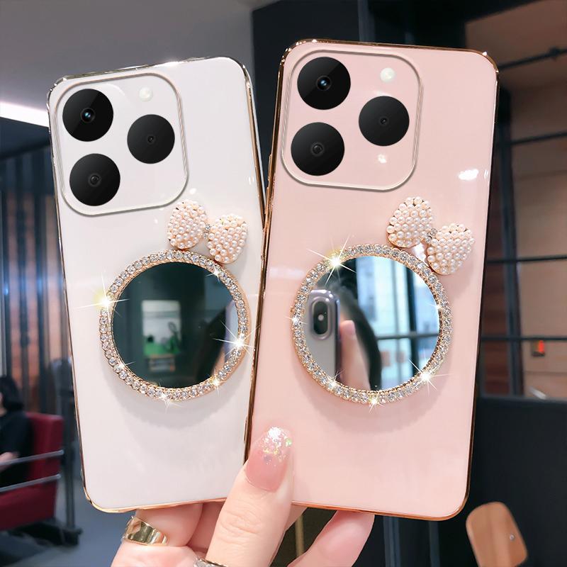 For Realme 15T Case Soft Plating brick inlaid pearl butterfly makeup mirror Smooth Electroplated For Realme 15T Back Cover