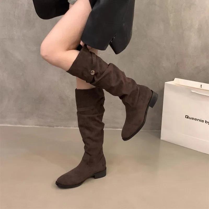 Fashion Knight Boots Ladies 2024 Chunky Heel Autumn Winter Western Tall Thin Retro Slim Fold Pile Women's Riding Boots