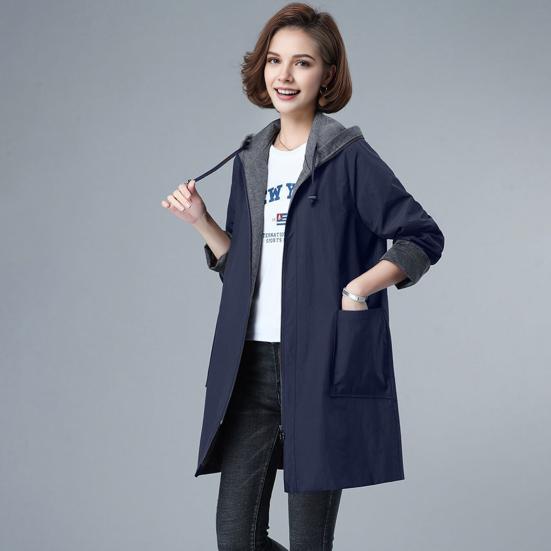 Весна Осень Женская куртка с капюшоном, длинными рукавами, завязками на шнурке, карманами больших размеров, застежкой-молнией, ветровка средней длины