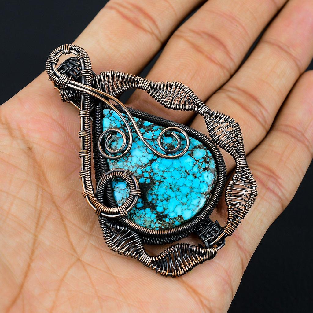 Tibetan Turquoise Gemstone Copper Wire Wrap Handmade Pendant Jewelry Gift For Her