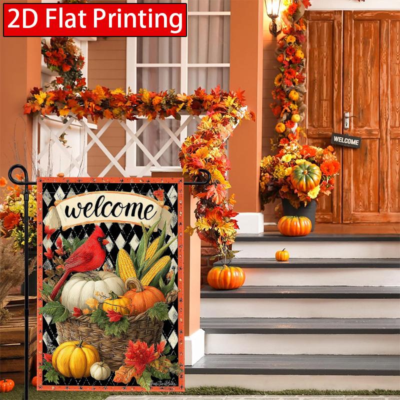 2D Flat - 2D Flat Autumn Cardinals Pumpkin Autumn Bison Grid Thanksgiving Garden Flag_3 (2)- Outdoor Garden Flag Double-Sided Home Decoration Courtyar
