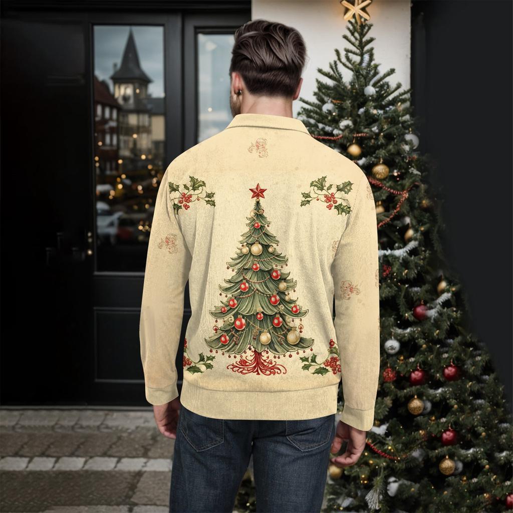 Мужская рождественская хлопковая рубашка-пуловер с длинным рукавом для активного отдыха, винтажная вельветовая рубашка с воротником-стойкой и пуговицами, повседневная толстовка с рождественским принтом