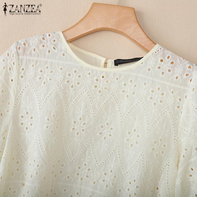 ZANZEA Женская повседневная блузка с круглым вырезом, коротким рукавом, вышивкой, крючком, пэчворком
