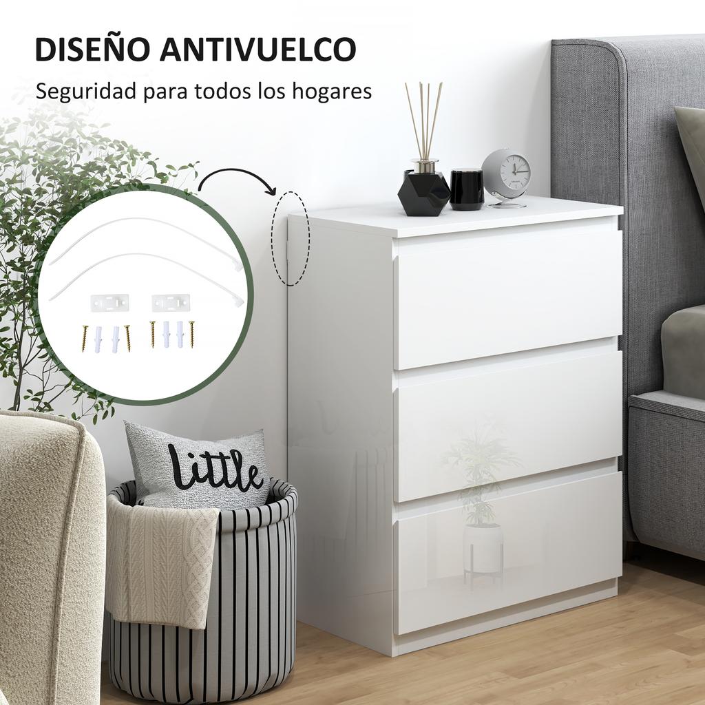 3 Drawer Dresser Modern Bedroom Dresser With Anti Tip Design 55x34x75 Cm Glossy White