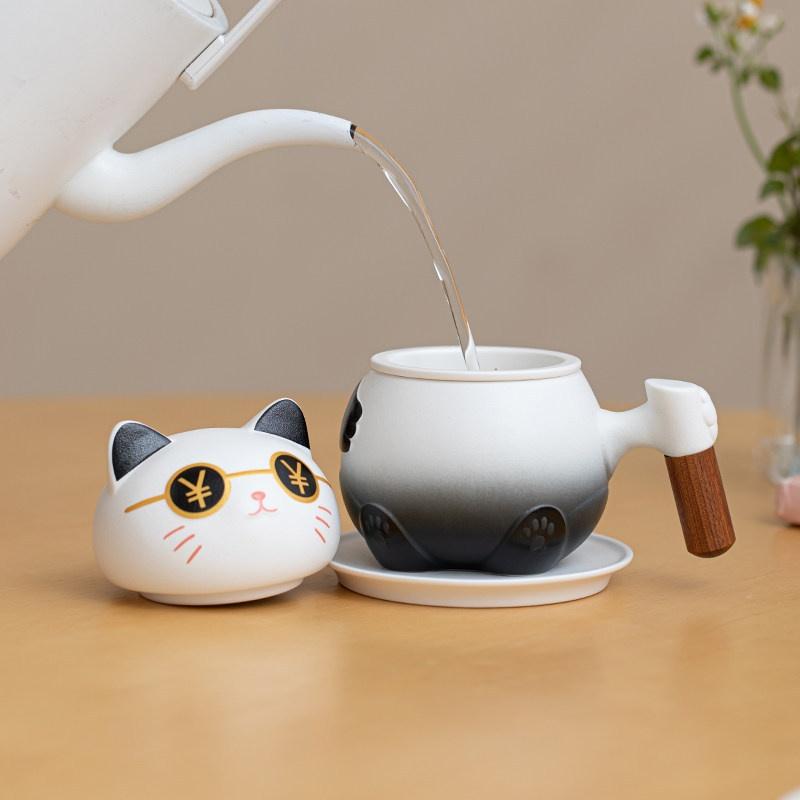 Lucate Cat Ceramic Tea Mug with Separation and Filter Office Cup Cute Design Enterprise Business Accompanying Gift