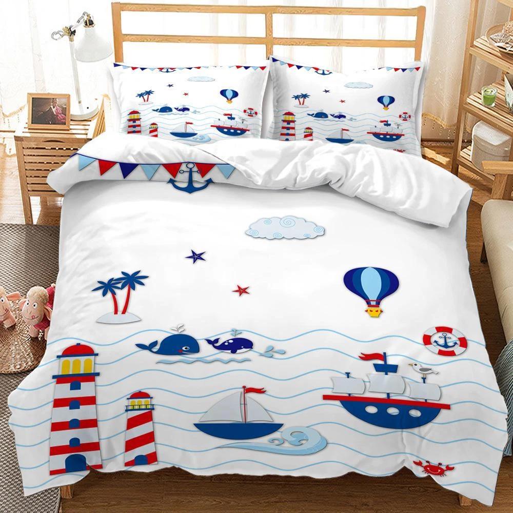 Nautical Theme Bedding Set Cartoon Duvet Cover Queen King Single Duvet Cover Pillowcase 2/3pc Kid Gift Soft Bedroom Decoration