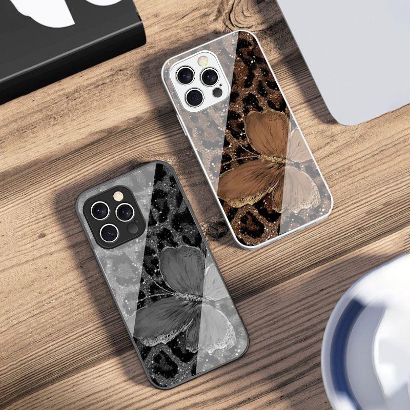 Леопардовая фиолетовая бабочка для IPhone 16 Pro Max 15 Pro 14 13 12 Mini 11 XS Max XR 7 8 Plus SE 2022 Закаленное стекло Чехол для телефона