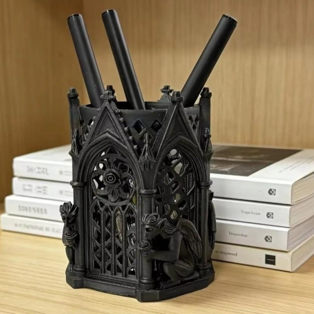 Арт-фигурка Винтажный 3D-печатный подставка для ручек Креативный Уникальный настольный органайзер Полый Готический подставка для ручек Гостиная