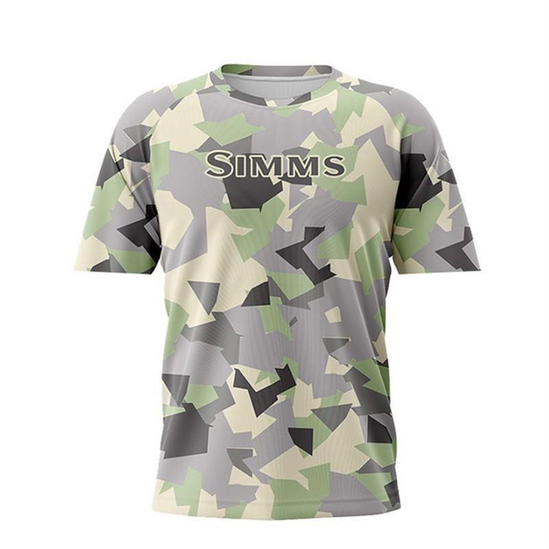 SIMMS Camo Fishing Shirt Short Sleeve Sun Protection Quick Dry Outdoor Angling Top Men