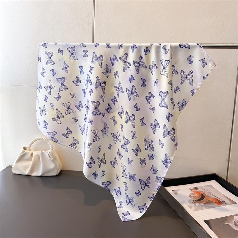 Luxury Butterfly Print Soft Silk Square Scarf Women Satin Kerchief Neckerchief Head Hijab Lady Headband Tie Bag Ribbon