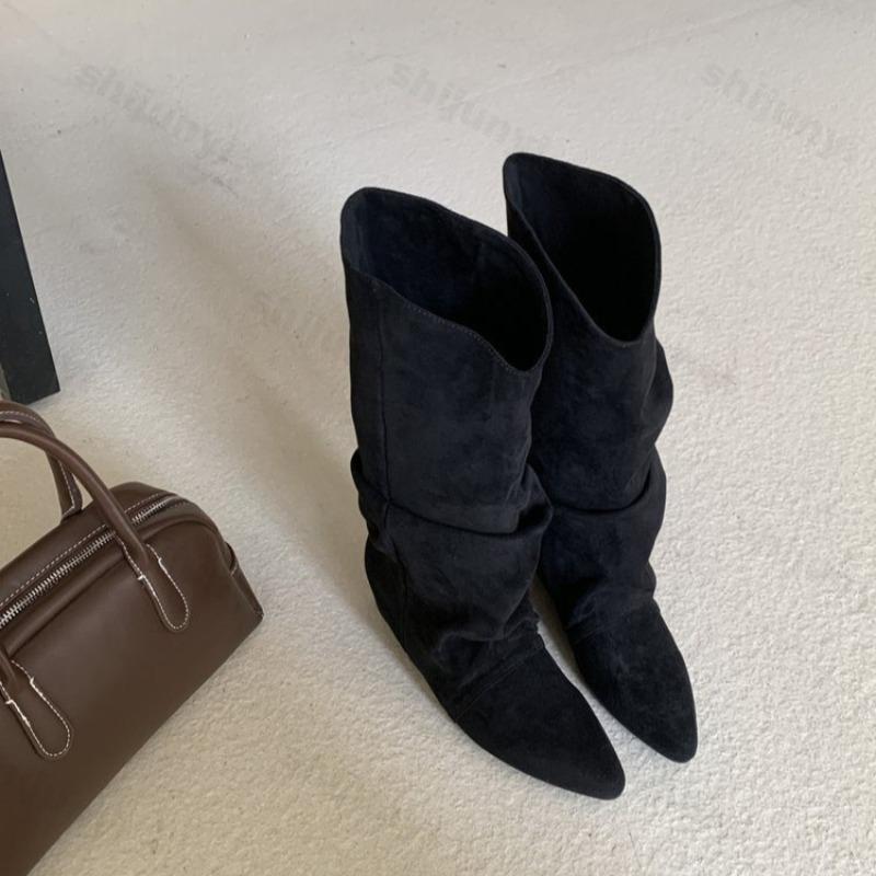 Женские ботинки с острым носом до середины икры 2026 Осень Новая мода Челси Ботинки Увеличивающие высоту Стельки Ретро Готика Mujer Botas