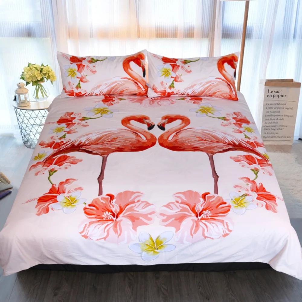 Lovers Flowers Flamingo Bedding Set Comfortable Duvet Cover Sets Bed Linens For Women Twin Full Queen King Size 260x220 US EU AU