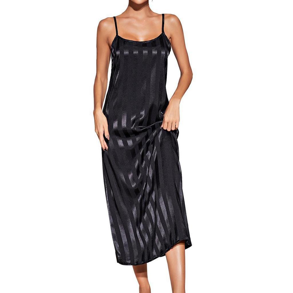 Women’s Nightgown Slip Night Dress 2 Pieces Set Satin Stripe Pajamas Dressing Gown Robe Sleepwear Home Wear Spring Autumn Sleep Lounge Clothes