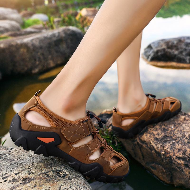 Fashion Summer Luxury Sandals Men Breathable Genuine Leather Outdoor Sandalias Trekking Casual Beach Shoes Male Loafers Big Size 38-48