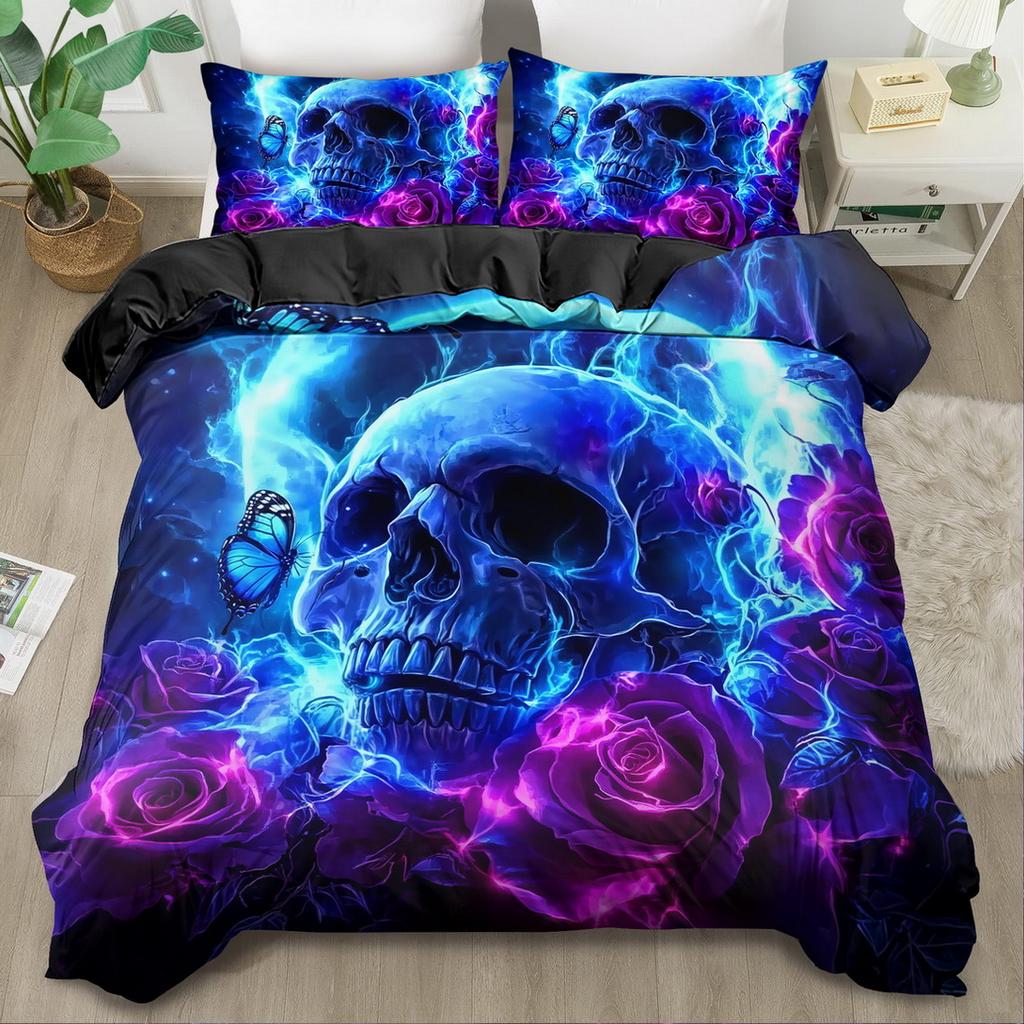 3PCS Fantasy Blue Skull 3D Digital Visual Printed Quilt Cover Set Duvet Cover No Filling Cool King Queen Size For Bedroom Decor