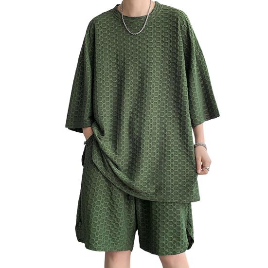 2Pcs/Set Men Casual Outfit O-neck Short Sleeve T-shirt Elastic Waist Pockets Design Wide Leg Shorts Set Solid