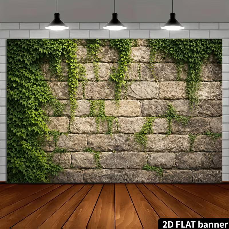 2D Vintage Brick Wall Banner with Climbing Vines Photo Booth Background Cloth