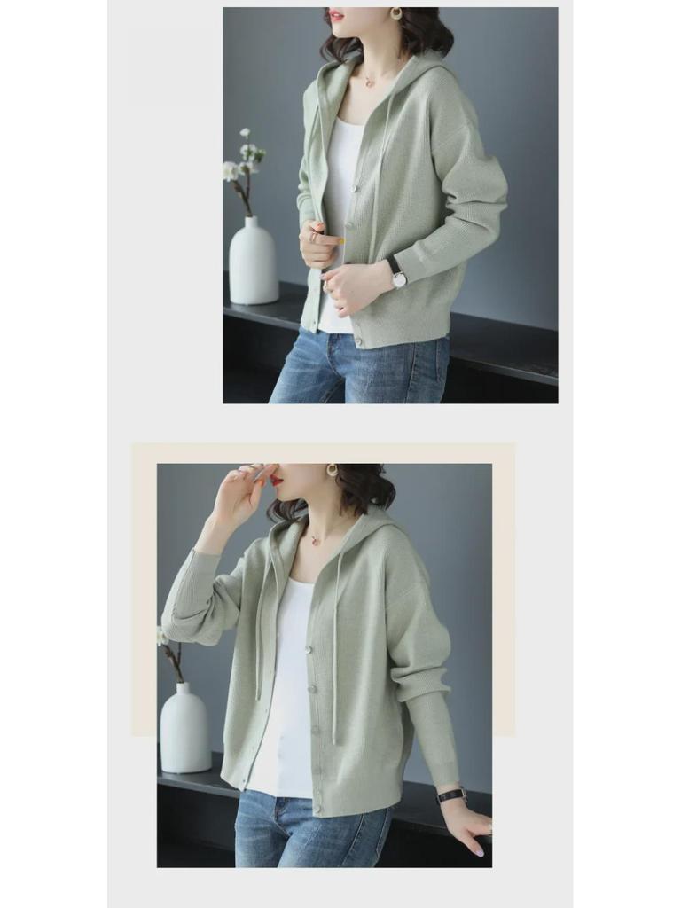 Женский вязаный кардиган с капюшоном — короткий и свободный для ранней весны/осени 2024 г.