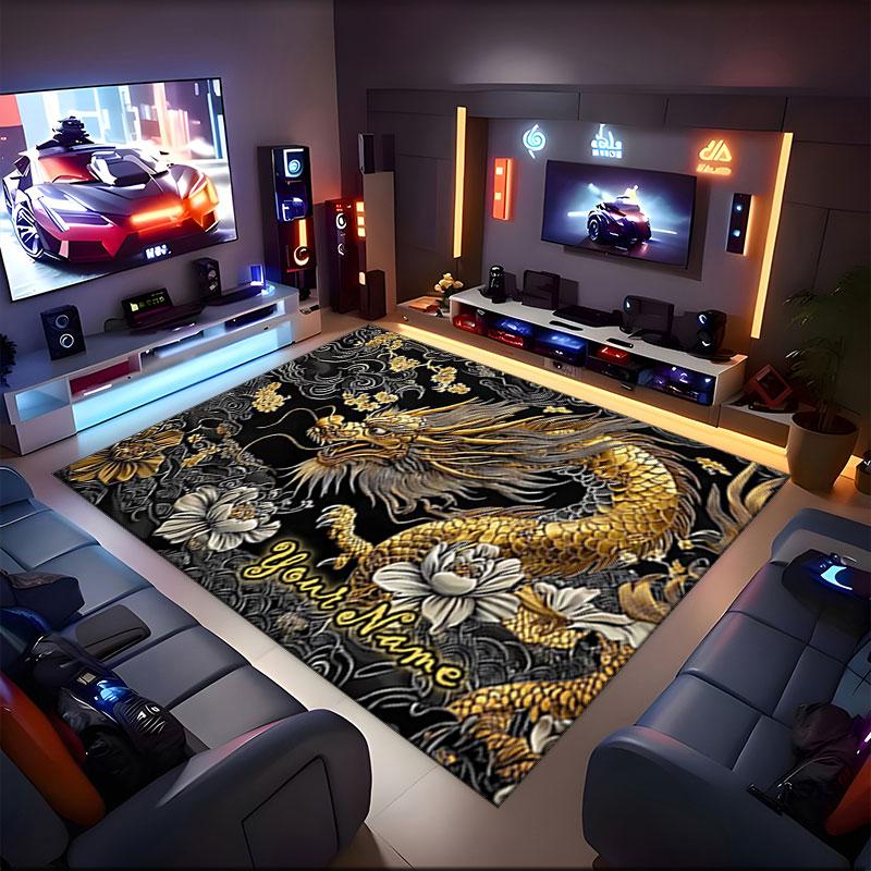 1PC Custom Name Golden Dragon Artwork Theme Floor Mat Ideal for Living Room, Game Rooms, Office, Bedroom,Floor Mat Playful Design