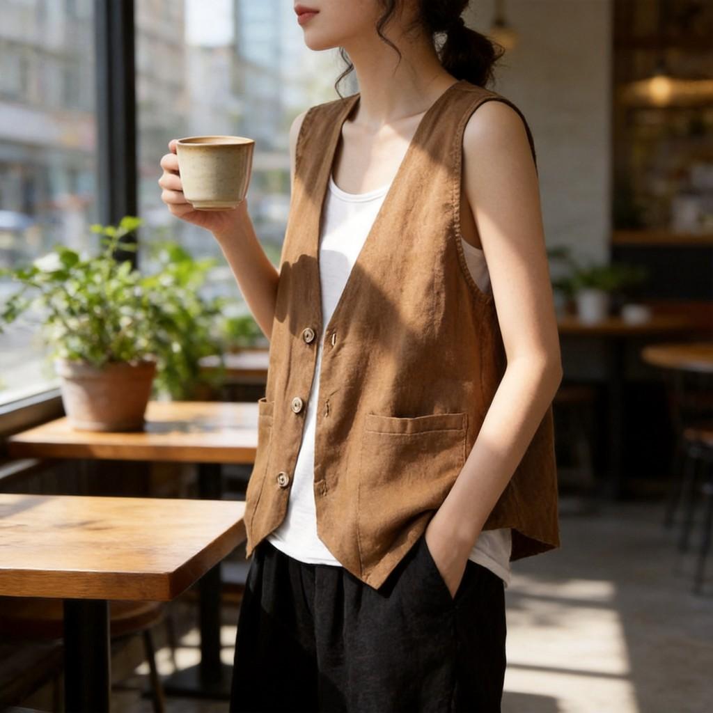 Women Loose Fit Short Linen Vest With Button Detail And V Neck Summer Casual Wear