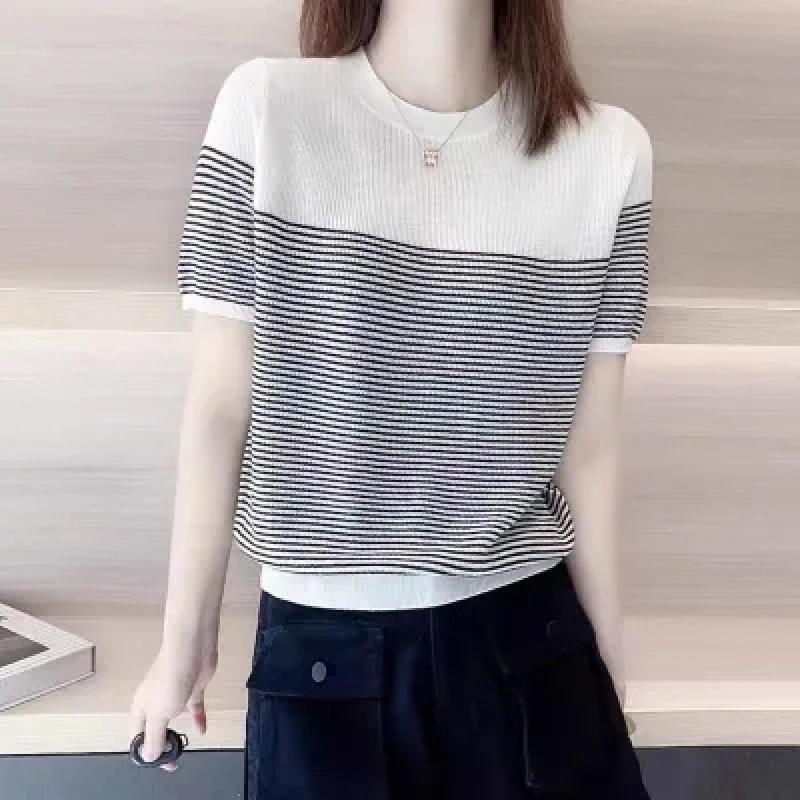Women Summer T Shirt Vintage Striped Short Sleeve Korean Fashion Round Neck Patchwork Tunics Casual Knitted