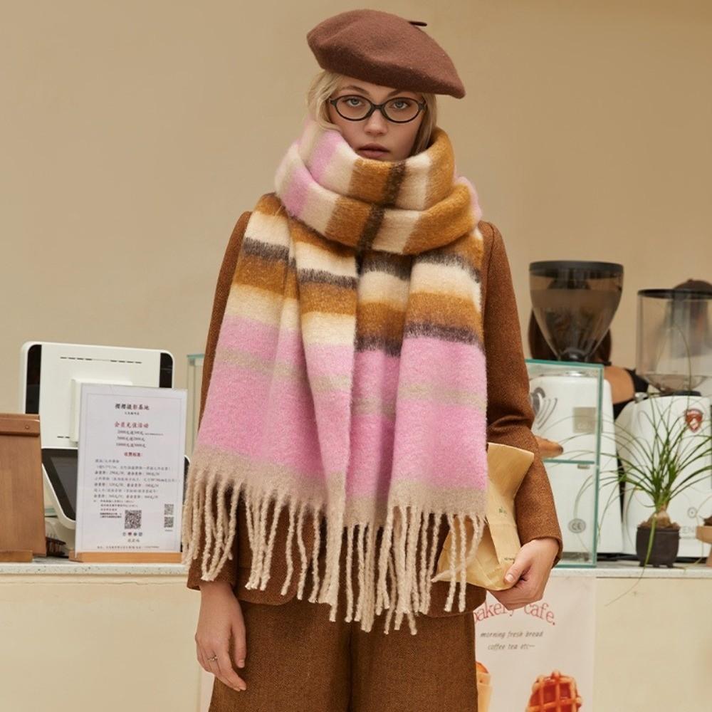 Tassel Winter Cashmere Scarves Mohair Long Shawl Retro Stripe Wool Scarf Girl