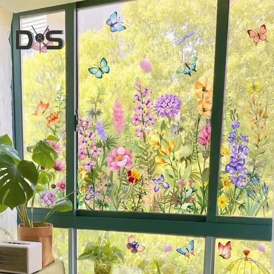 Красочные цветочные наклейки на окна, двухсторонние статичные наклейки на окна, цветочные узоры, весенние наклейки на окна для декора дома, спальни, офиса