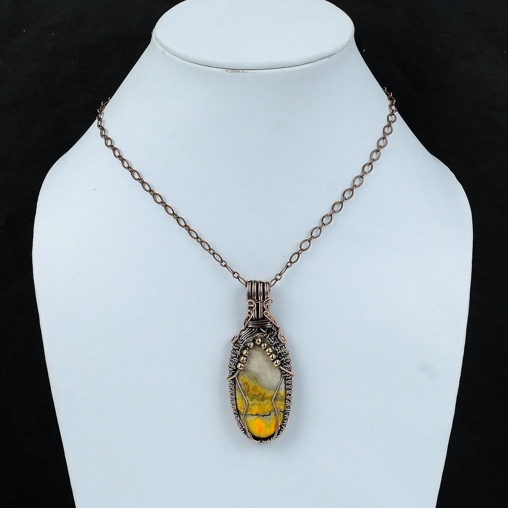 Подвеска из драгоценного камня Bumble Bee Jasper, подвеска из медной проволоки, уникальная медная бижутерия, элегантная подвеска ручной работы, подвеска из проволоки, подарок для него