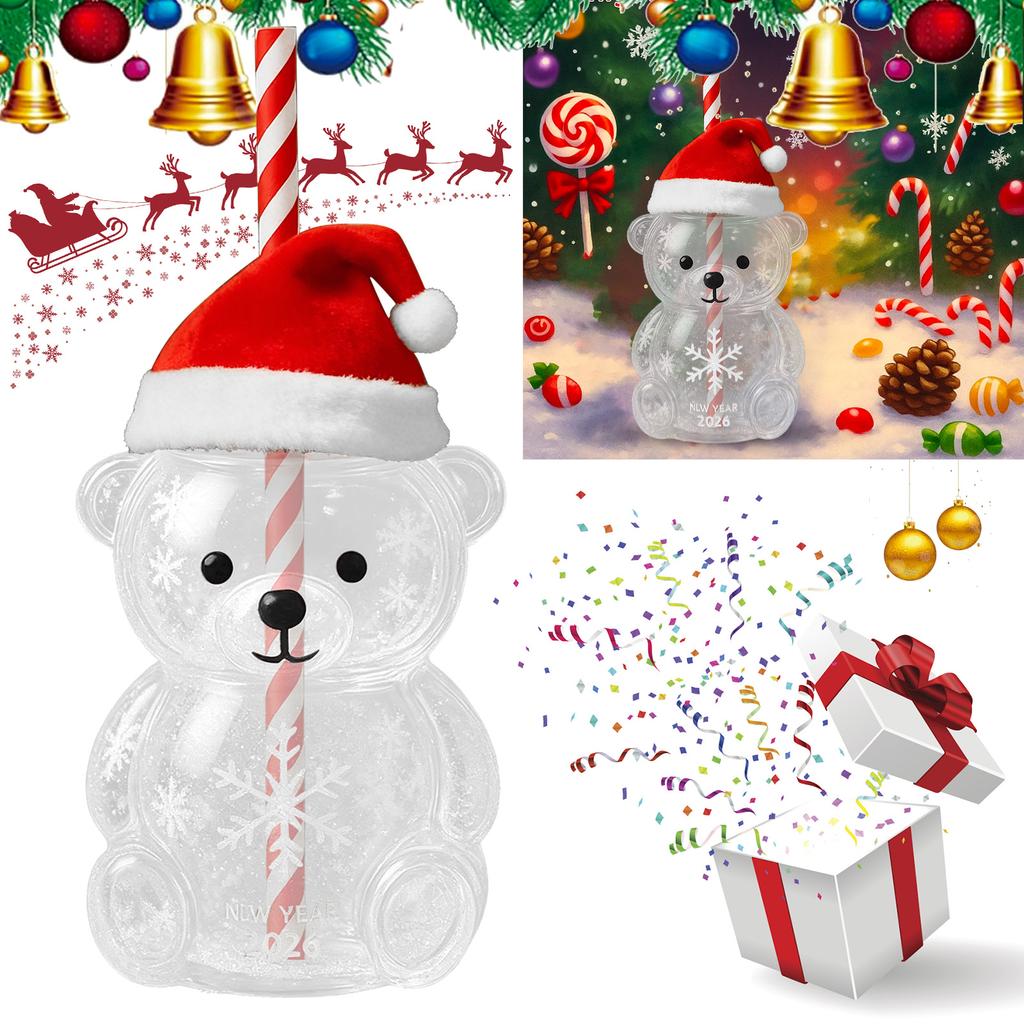 Кружка с соломинкой из стекла в форме медведя: Милый прозрачный дизайн, зеленая шляпа, стакан для воды