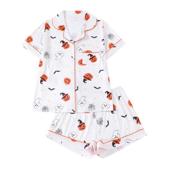 Women's Halloween Pajamas Sets 2 Piece Ghost Pumpkin Print Shirts And Shorts Pjs Lounge Set Button Down Short Sleeve Sleepwear