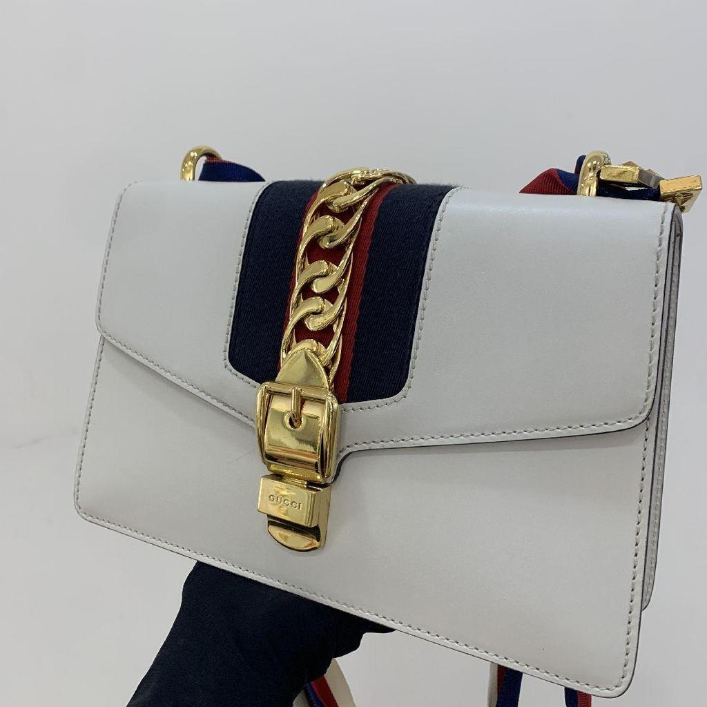 [Pre-Owned] Sylvie Gold Buckle Striped Web Satin Bow Wide Shoulder Strap Leather Handbag - Excellent #TXV5FG
