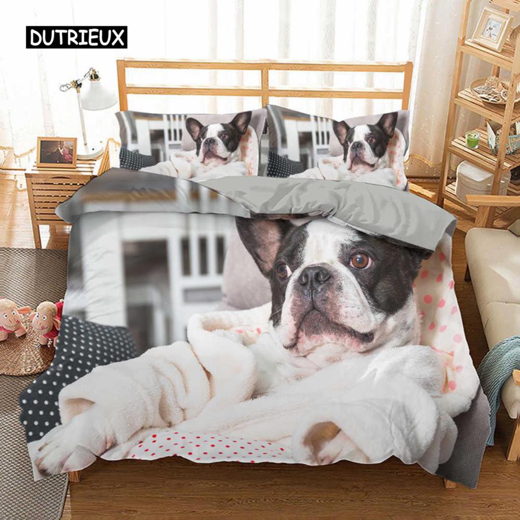 Комплект постельного белья с изображением французского бульдога размера King Size, милый комплект постельного белья с изображением щенка и животных для детей-подростков из полиэстера, 2/3 шт., мягкое одеяло
