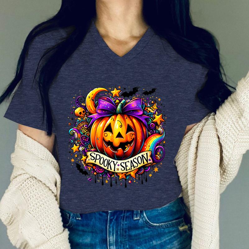 Women Tshirts Pumpkin Halloween Spooky Season Graphic T Shirts Women Colorful Halloween Design Horror Pumpkin Skeleton Tshirt