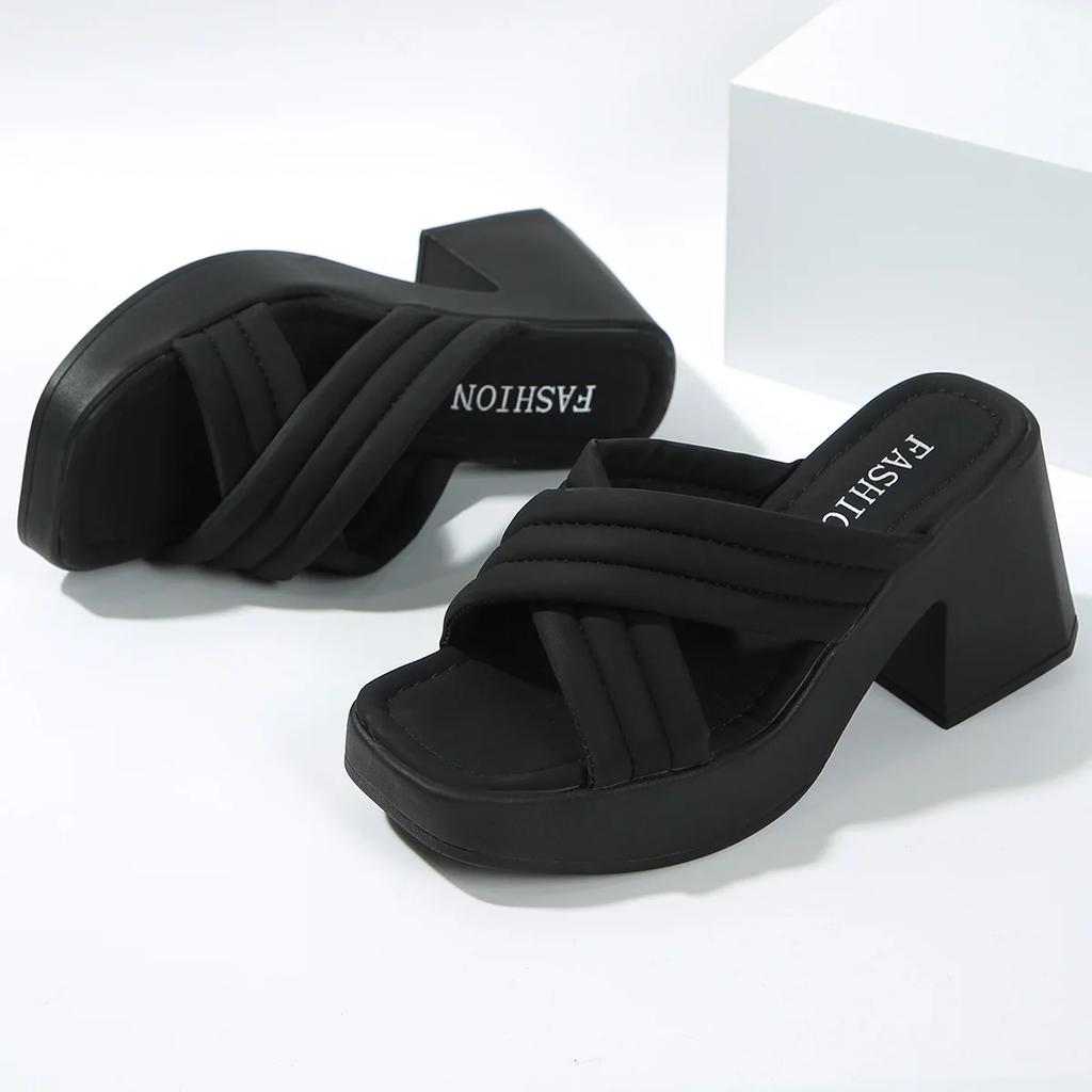 Повседневные тапочки-кроссоверы на высоком каблуке для женщин, летняя новая верхняя одежда, толстый каблук, толстая подошва, однотонные пуловеры