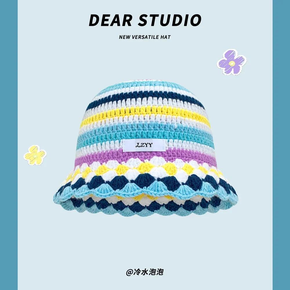 Fashion Dopamine Color Matching Striped Knitted Women's Cap Autumn and Winter Warm Casual Versatile Show Face Small Bucket Hat