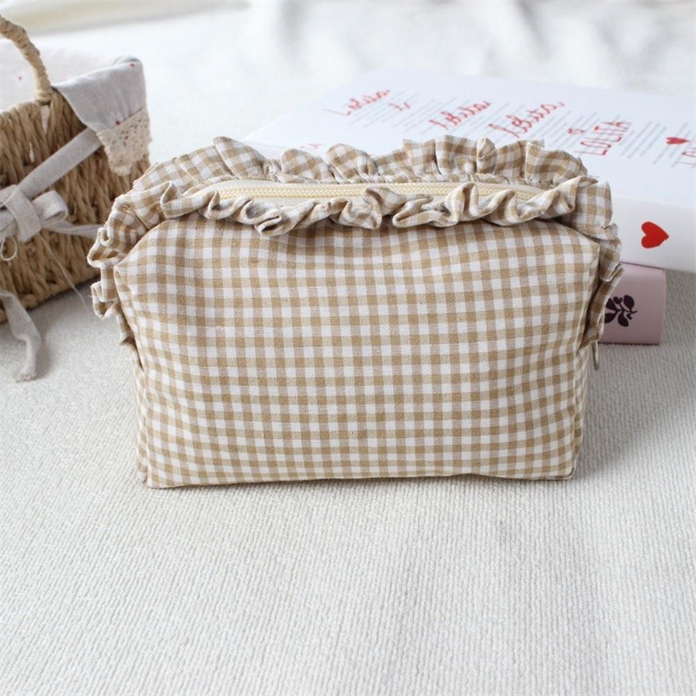 Gingham Plaid Ruffle Edge Makeup Bag Large Capacity Toiletry Bag Plaid Pattern Cosmetic Bag Travel