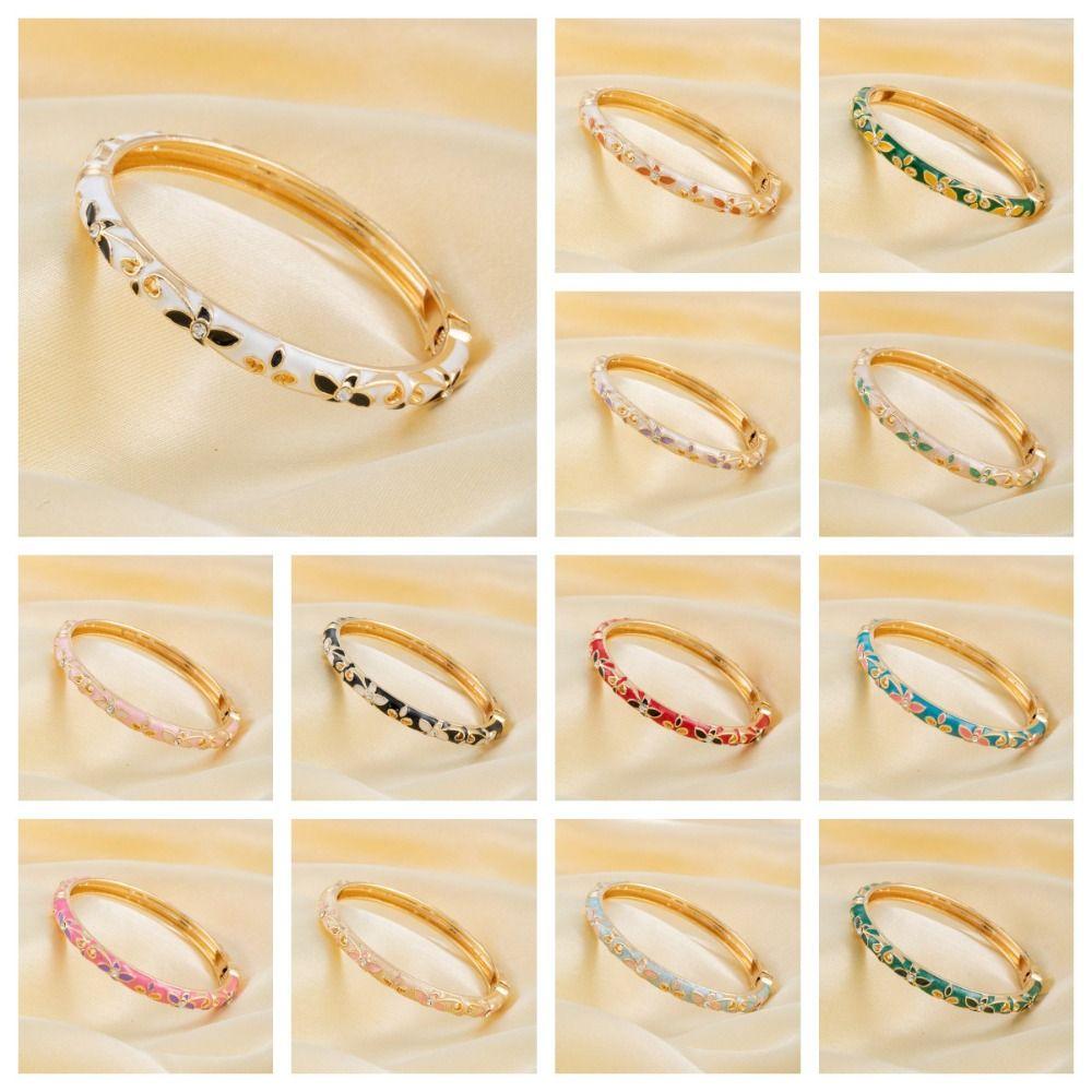Lightweight Metal Cloisonne Floral Bangle Rhinestone Thin Bracelet  Holiday Presents