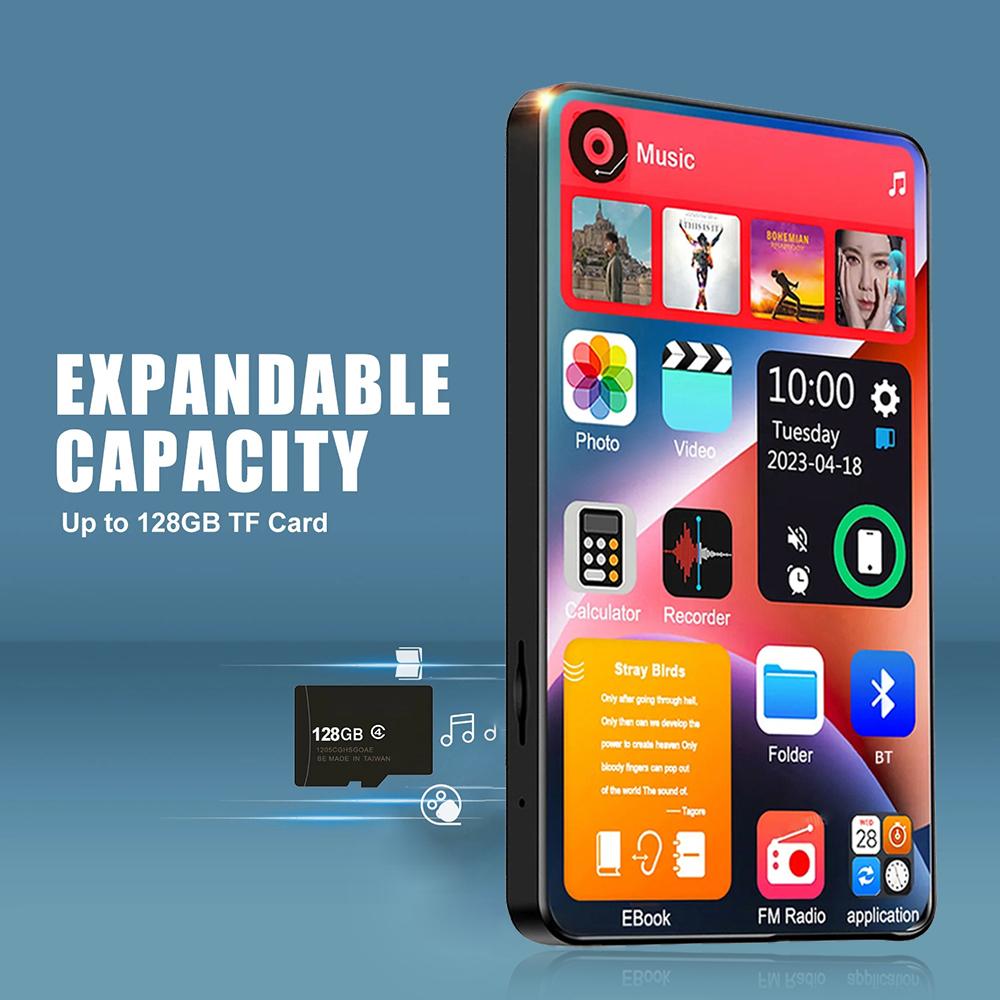 HD MP3 MP4 плеер Портативный полносенсорный экран Bluetooth 5.2 Walkman 16 ГБ Встроенный динамик Музыкальный плеер FM радио Запись Электронная книга