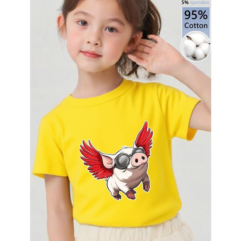 European sizes Children's T-shirt Featuring a Lively and Cute White Piglet Wearing Goggles and Red Wings, as If Preparing to Fly