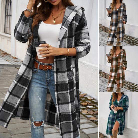 Women Spring Fall Coat with Hood Plaid Printing Loose Mid Length Long