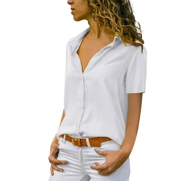 Summer Casual Solid Short Sleeved Loose Blusas Women White Shirt Office Tops Mujer Femme Elegant Blouses