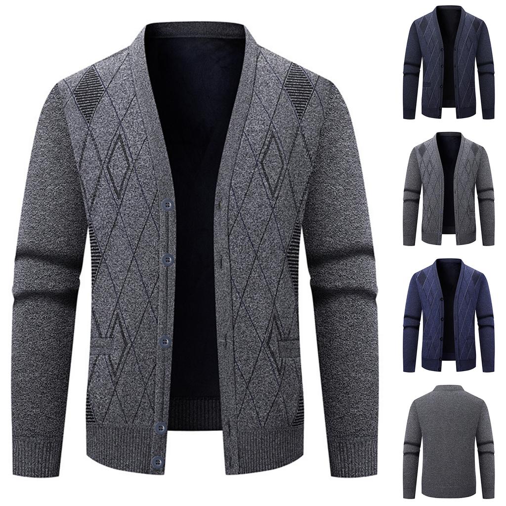 Men's V-neck Buttoned Fleece-lined Cardigan Sweater Long-sleeved Knitted Sweater Jacket