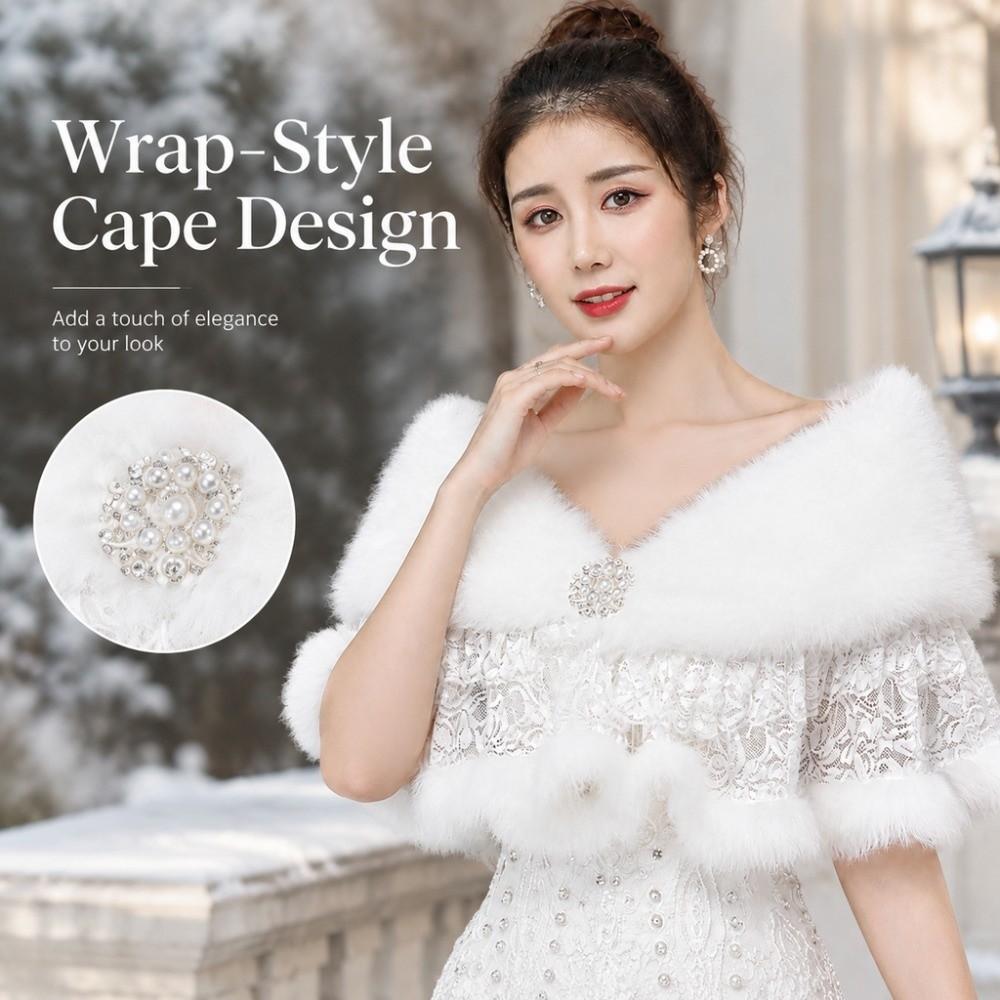 V-Neck Bridal Wrap Cape White Fur Collar Fashion Winter Dress Jacket Autumn Winter