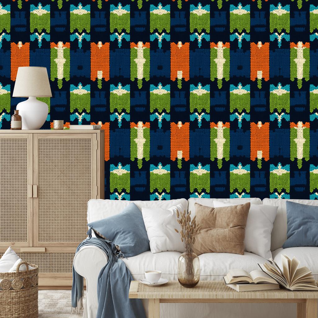 Colorful navy blue and lime knit wallpaper for living room and bedroom 50x1000
