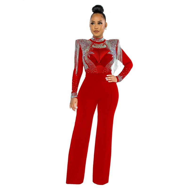 Women's Fashion Sexy Casual Slim High Neck See-through Hot Diamond Tassel Models Jumpsuit Women