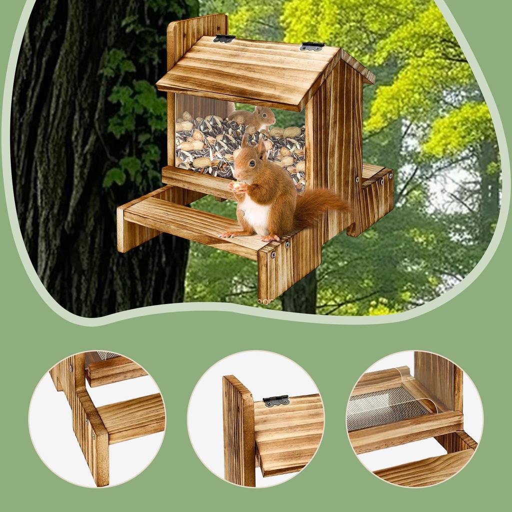 Squirrel Feeder Wood Hanging Pet Food Feeder Bird Proof Weatherproof Outdoor Feeding Box for Garden Patio Chipmunks