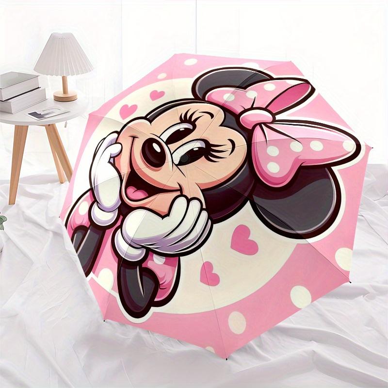Minnie Mouse,Pink Polka Dots Automatic Folding Umbrella Simple 8 Rib Design, Bright Cartoon Pattern, Durable Iron Frame, Suitable For Trav